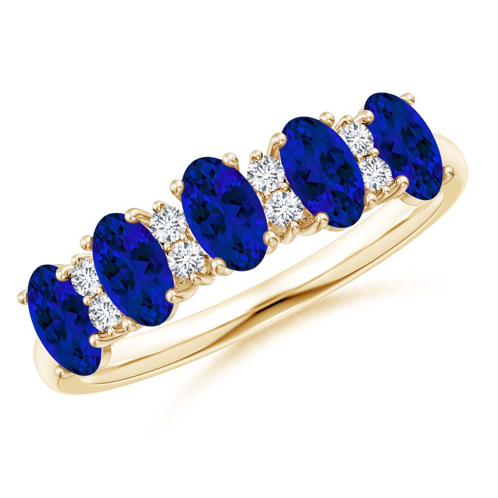 5x3mm Labgrown Lab-Grown Five Stone Blue Sapphire and Diamond Wedding Ring in Yellow Gold 