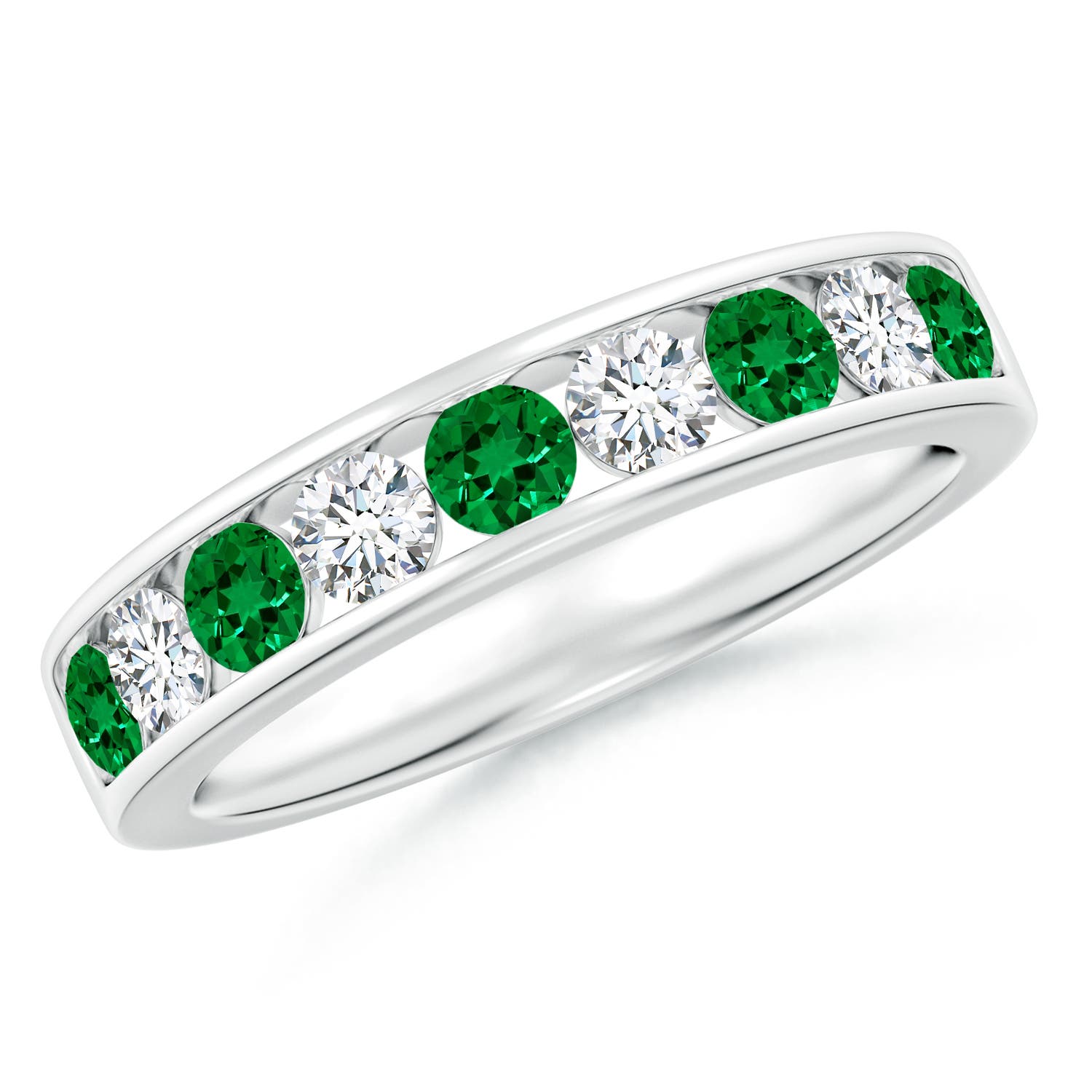 3mm Labgrown Lab-Grown Channel Set Emerald and Diamond Semi Eternity Ring in 18K White Gold