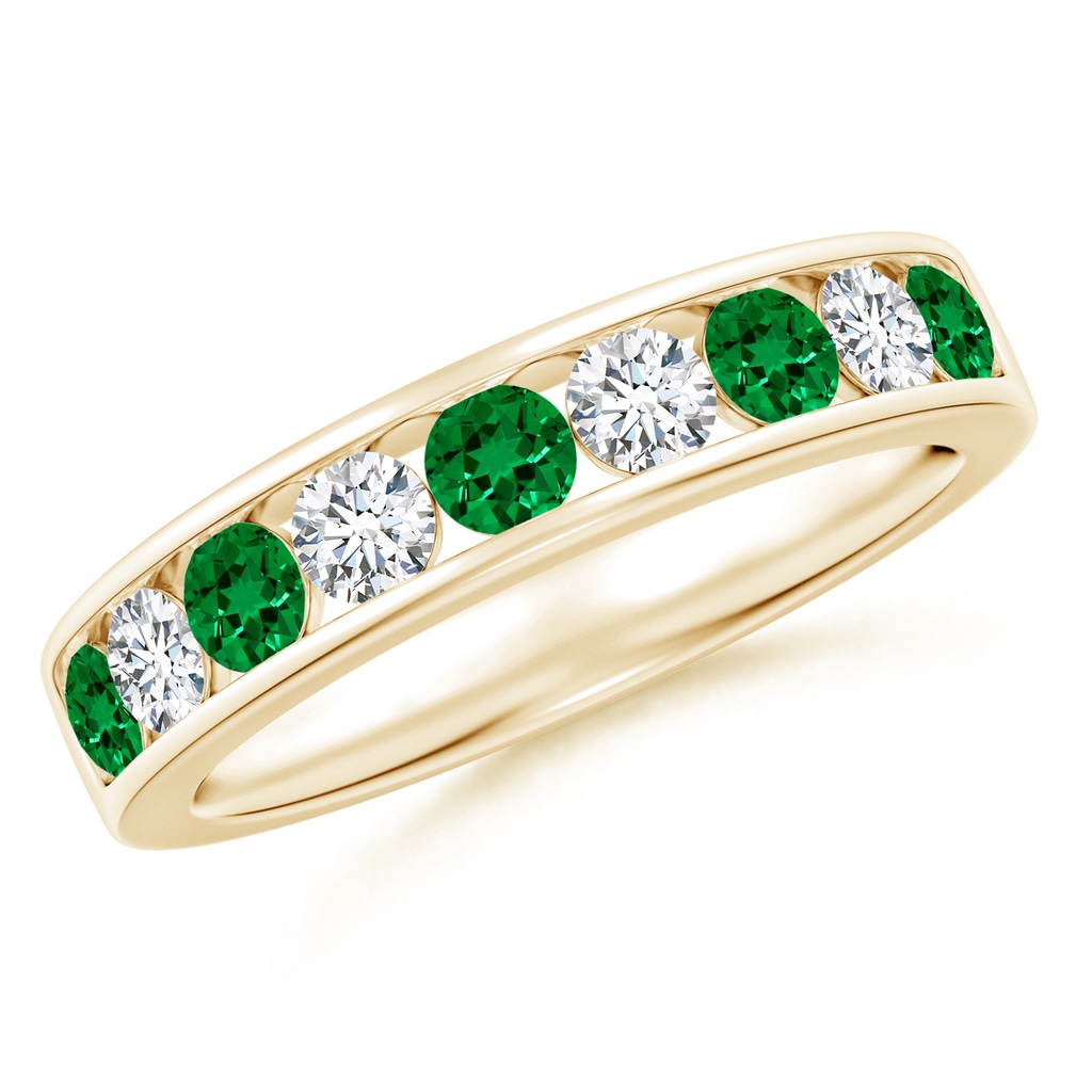 3mm Labgrown Lab-Grown Channel Set Emerald and Diamond Semi Eternity Ring in Yellow Gold