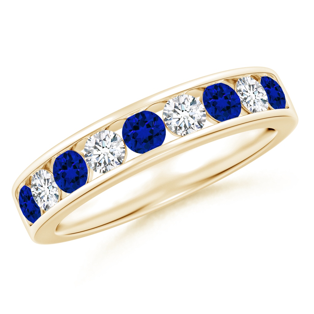 3mm Labgrown Lab-Grown Channel Set Blue Sapphire and Diamond Semi Eternity Ring in Yellow Gold 