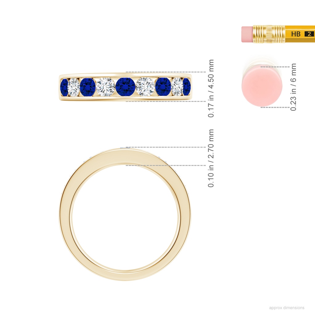 3mm Labgrown Lab-Grown Channel Set Blue Sapphire and Diamond Semi Eternity Ring in Yellow Gold ruler