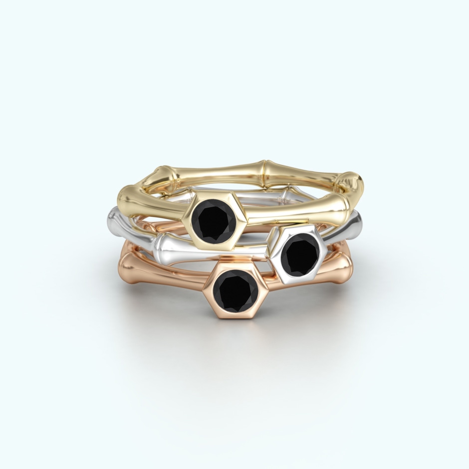 3mm AAA Natori x Angara Black Onyx Indochine Bamboo Ring in S999 Silver side 499