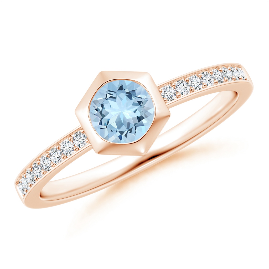 5mm AAA Natori x Angara Hexagonal Bezel-Set Aquamarine and Diamond Ring in Rose Gold