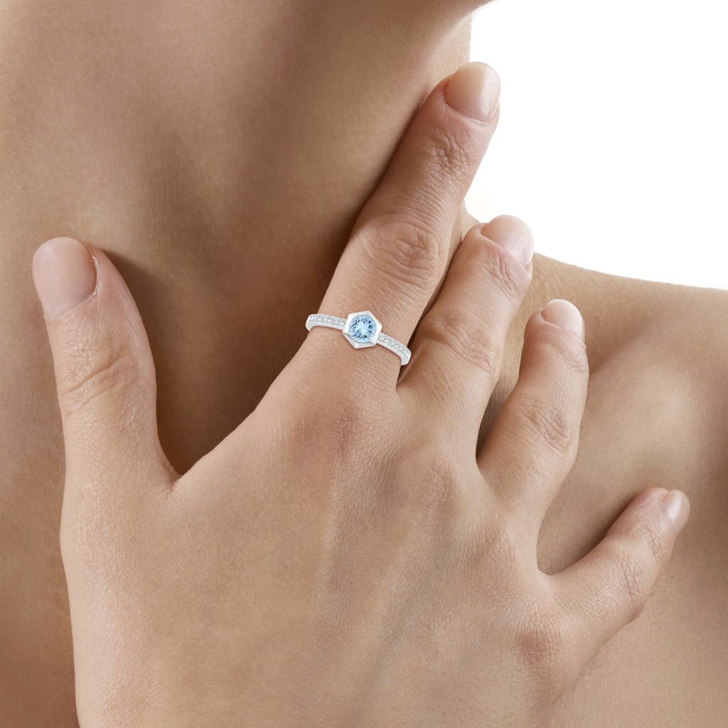 5mm AAA Natori x Angara Hexagonal Bezel-Set Aquamarine and Diamond Ring in White Gold Body-Hand