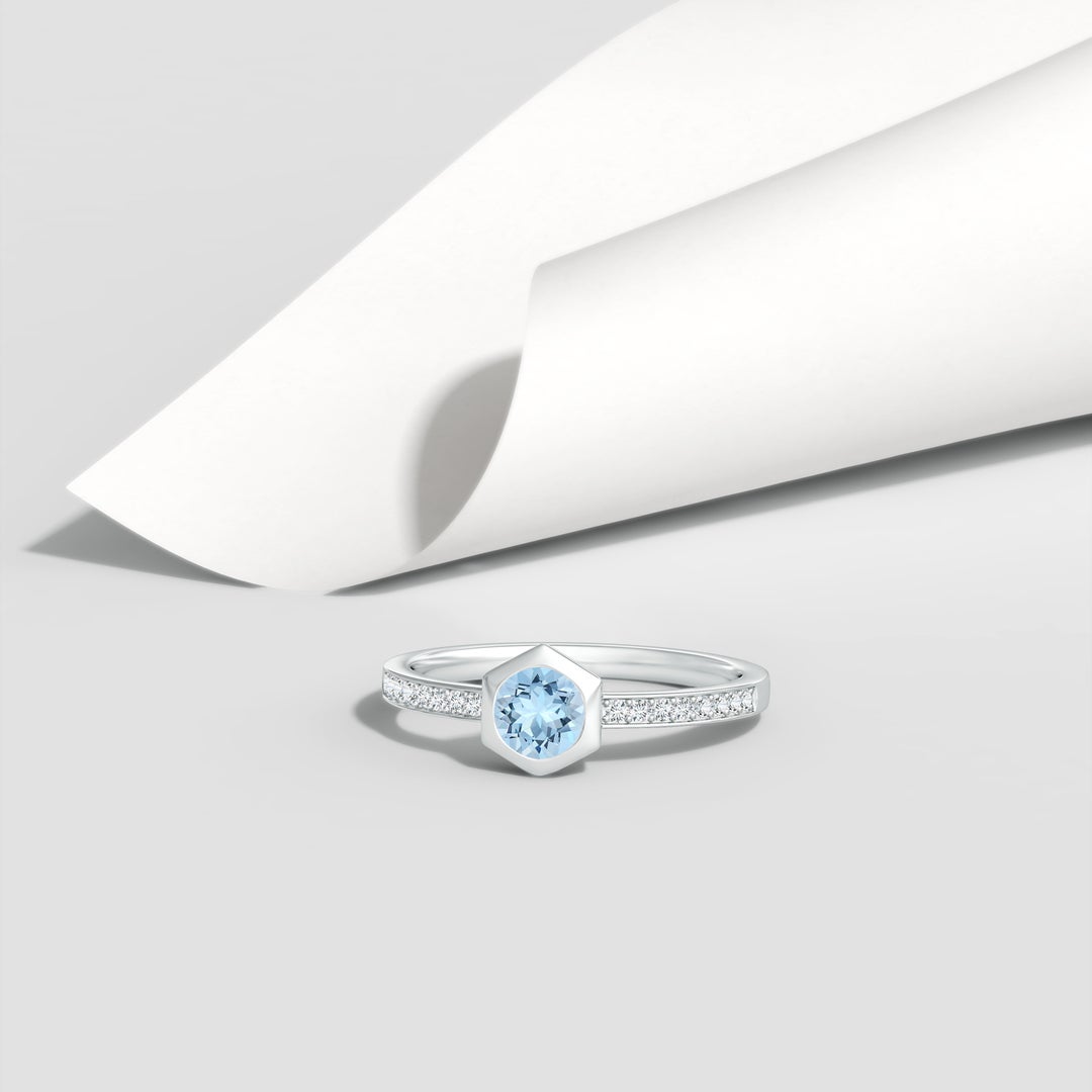 5mm AAA Natori x Angara Hexagonal Bezel-Set Aquamarine and Diamond Ring in White Gold - lifestyle 5