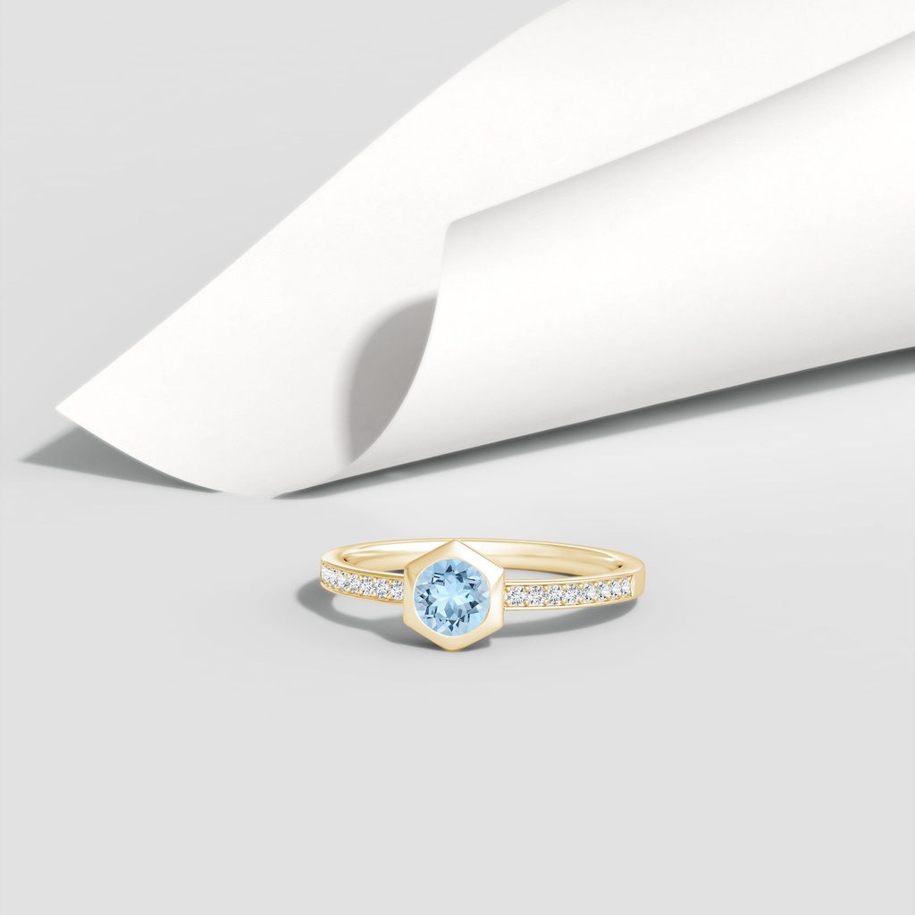 5mm AAA Natori x Angara Hexagonal Bezel-Set Aquamarine and Diamond Ring in Yellow Gold Lifestyle