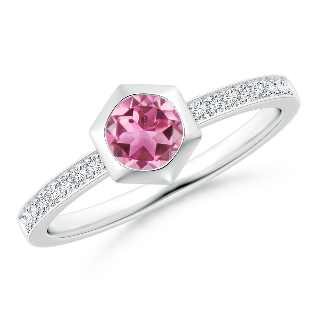 5mm AAA Natori x Angara Hexagonal Bezel-Set Pink Tourmaline and Diamond Ring in White Gold