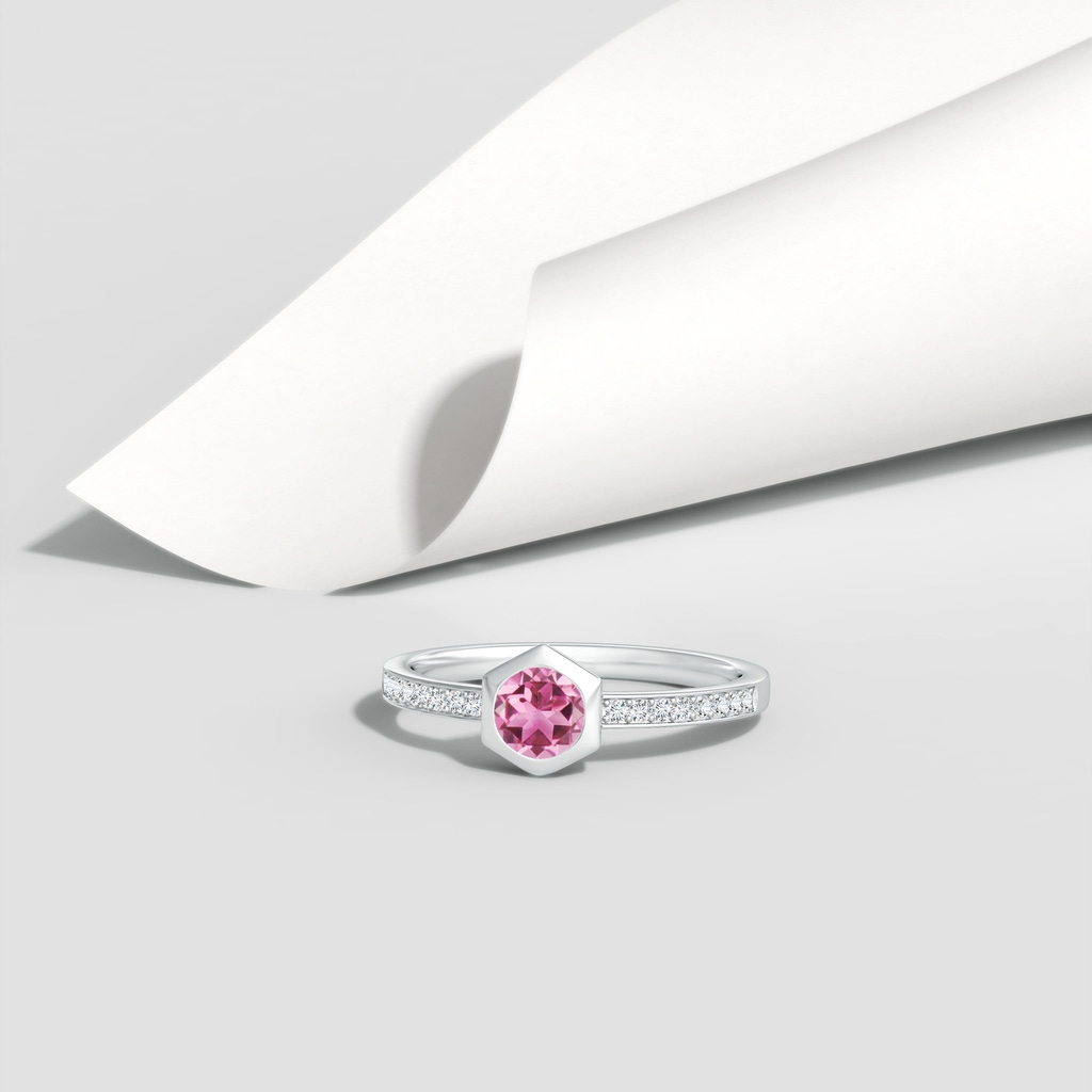 5mm AAA Natori x Angara Hexagonal Bezel-Set Pink Tourmaline and Diamond Ring in White Gold Lifestyle