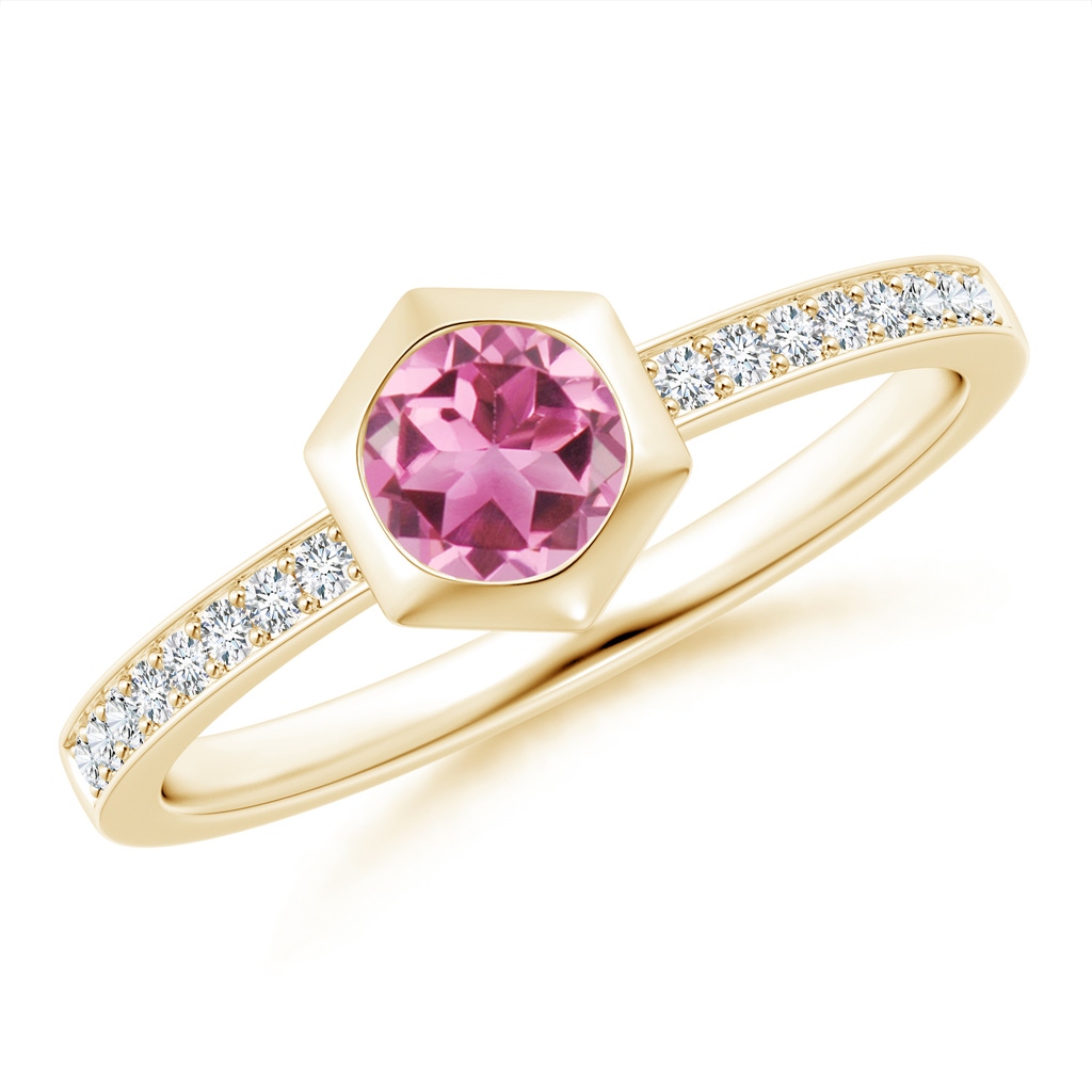 5mm AAA Natori x Angara Hexagonal Bezel-Set Pink Tourmaline and Diamond Ring in Yellow Gold