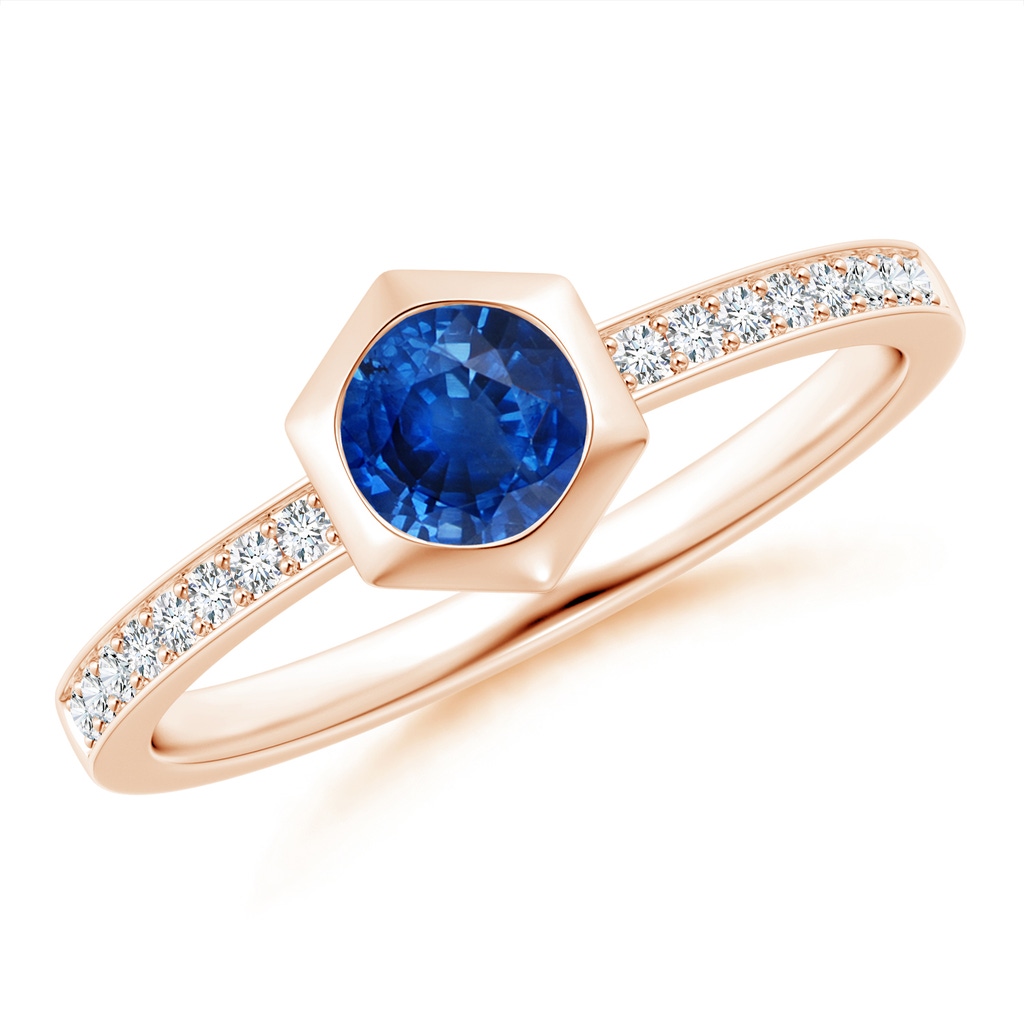 5mm AAA Natori x Angara Hexagonal Bezel-Set Blue Sapphire and Diamond Ring in Rose Gold