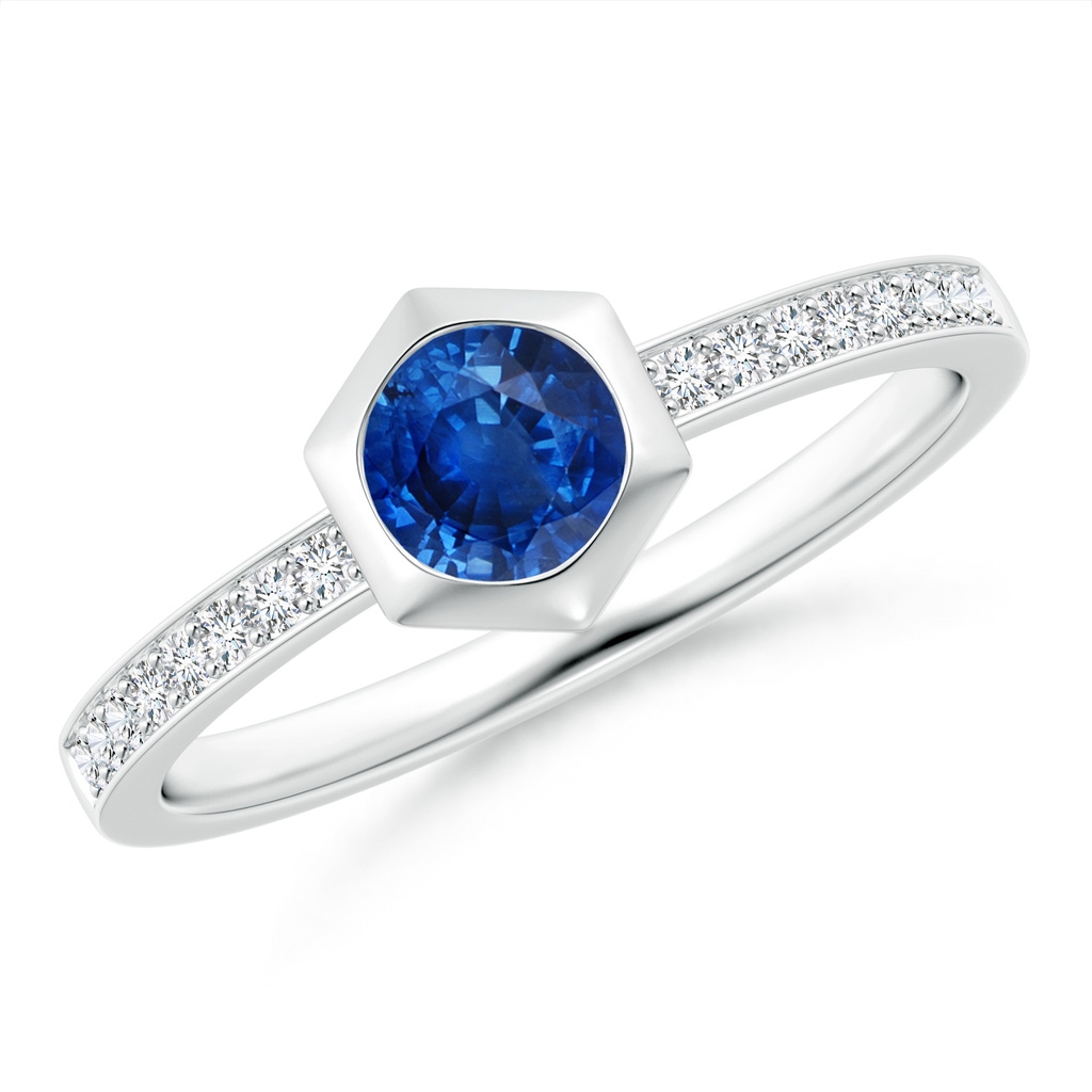 5mm AAA Natori x Angara Hexagonal Bezel-Set Blue Sapphire and Diamond Ring in White Gold