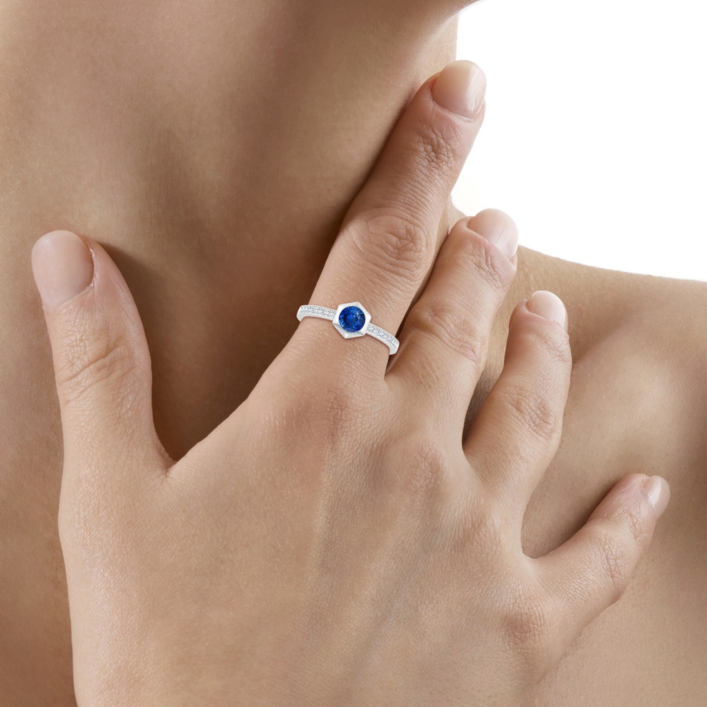 5mm AAA Natori x Angara Hexagonal Bezel-Set Blue Sapphire and Diamond Ring in White Gold Body-Hand
