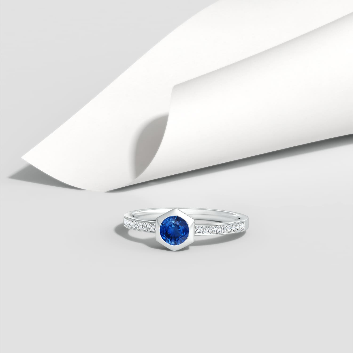 5mm AAA Natori x Angara Hexagonal Bezel-Set Blue Sapphire and Diamond Ring in White Gold - lifestyle 5