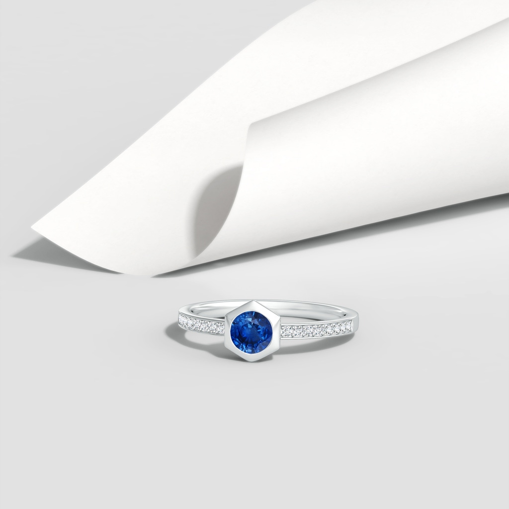 5mm AAA Natori x Angara Hexagonal Bezel-Set Blue Sapphire and Diamond Ring in White Gold Lifestyle