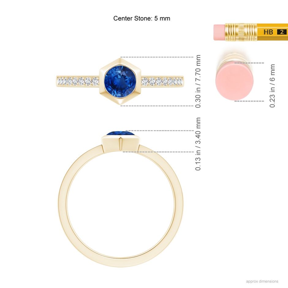 5mm AAA Natori x Angara Hexagonal Bezel-Set Blue Sapphire and Diamond Ring in Yellow Gold ruler