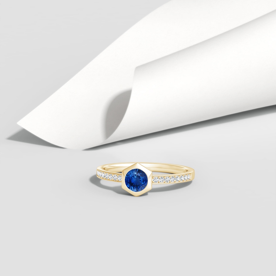 5mm AAA Natori x Angara Hexagonal Bezel-Set Blue Sapphire and Diamond Ring in Yellow Gold lifestyle