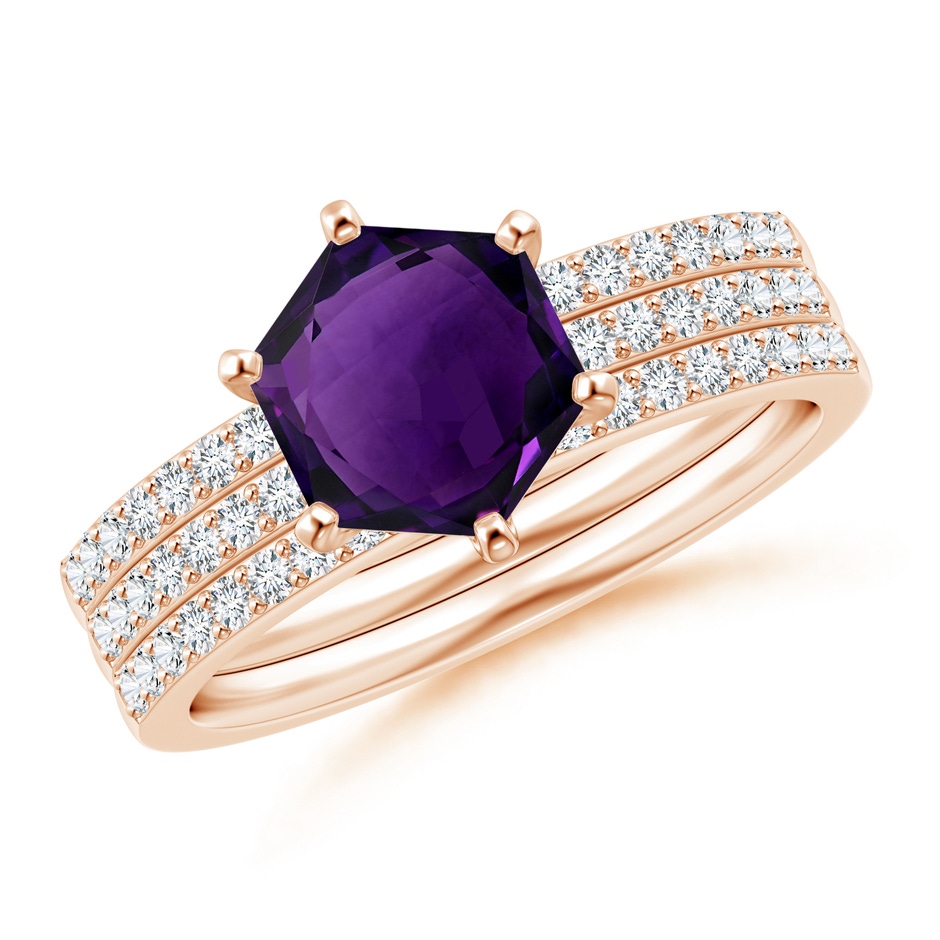 7mm AAA Natori x Angara Hexagonal Amethyst Triple Shank Ring in Rose Gold 