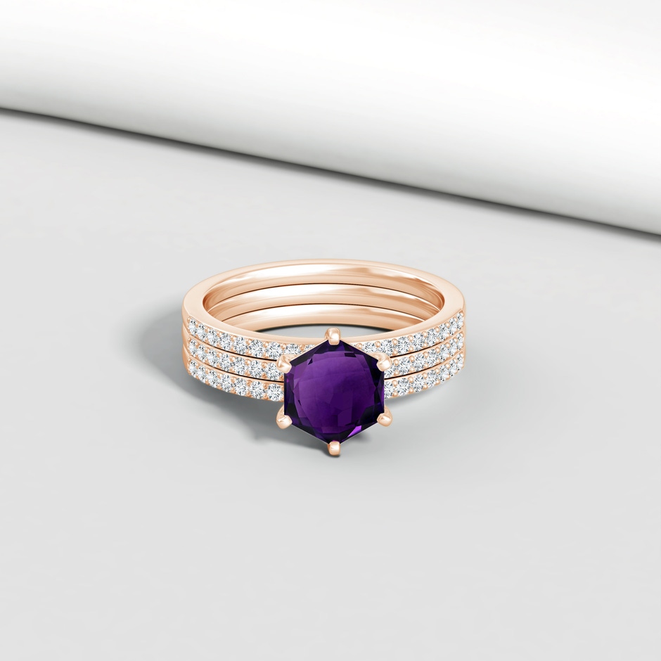 7mm AAA Natori x Angara Hexagonal Amethyst Triple Shank Ring in Rose Gold lifestyle