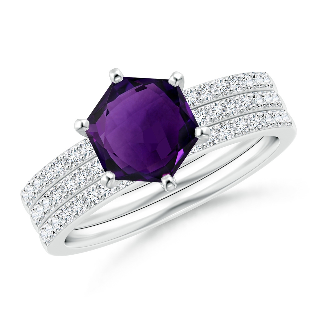 7mm AAA Natori x Angara Hexagonal Amethyst Triple Shank Ring in White Gold