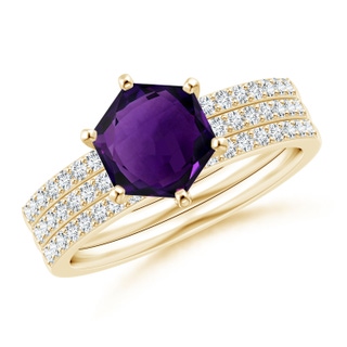 7mm AAA Natori x Angara Hexagonal Amethyst Triple Shank Ring in Yellow Gold