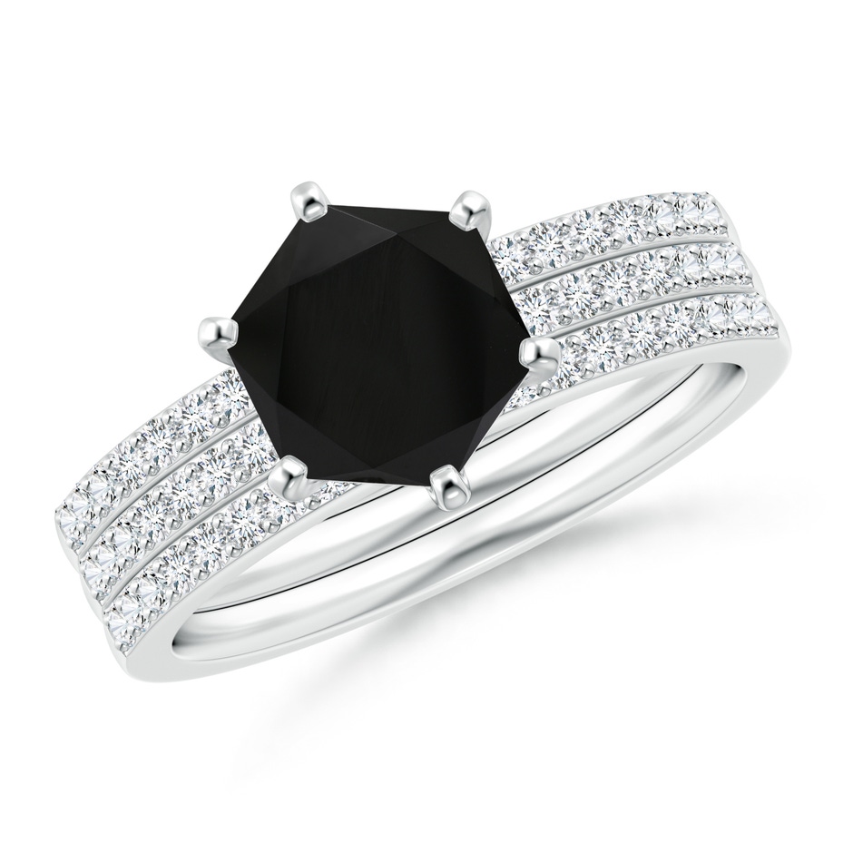 7mm AAA Natori x Angara Hexagonal Black Onyx Triple Shank Ring in White Gold 