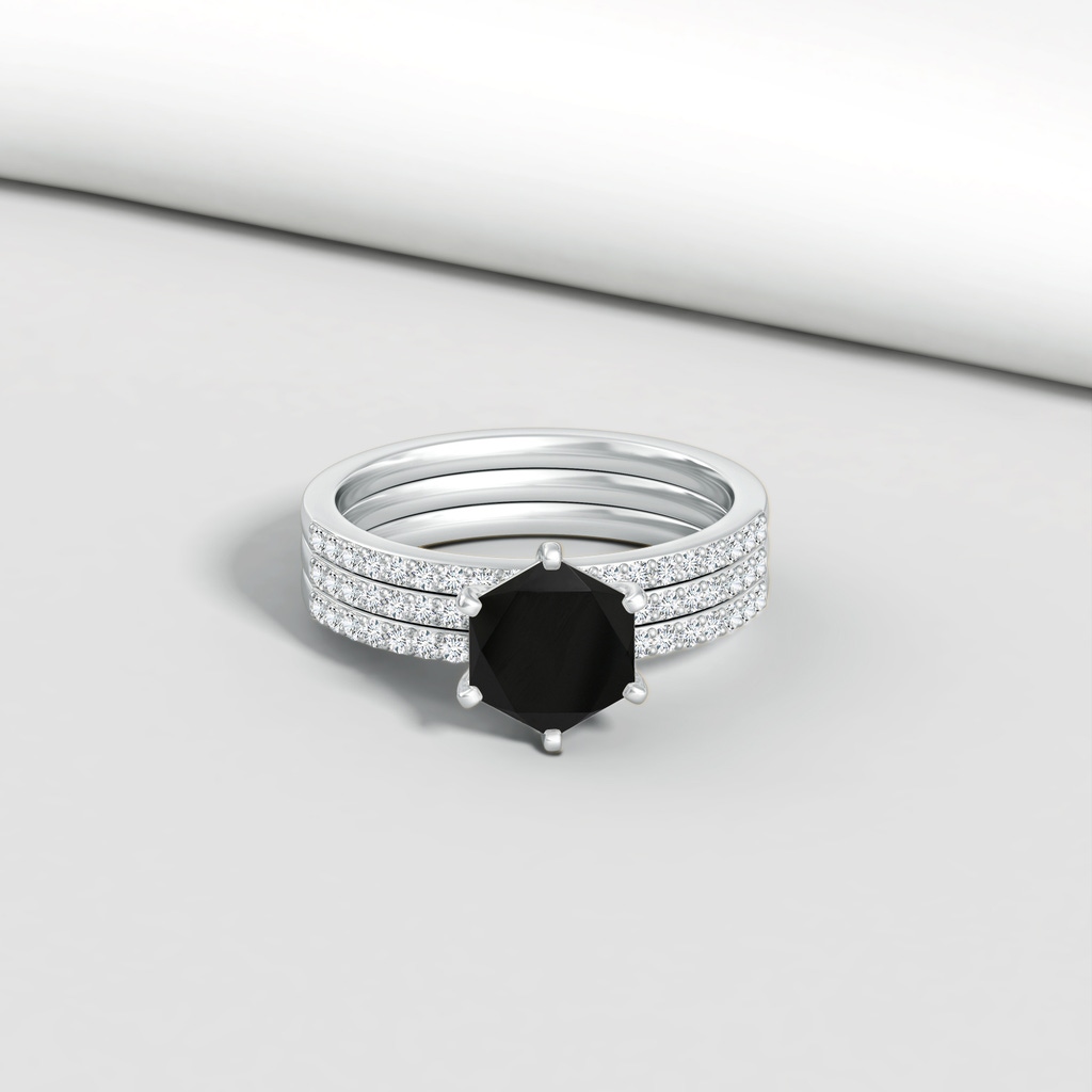 7mm AAA Natori x Angara Hexagonal Black Onyx Triple Shank Ring in White Gold Lifestyle