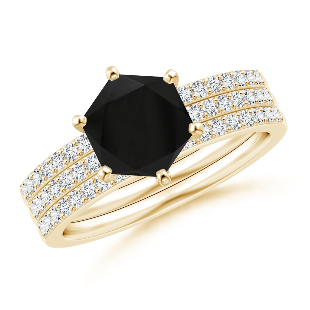 7mm AAA Natori x Angara Hexagonal Black Onyx Triple Shank Ring in Yellow Gold