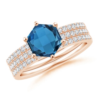 7mm AAA Natori x Angara Hexagonal London Blue Topaz Triple Shank Ring in Rose Gold