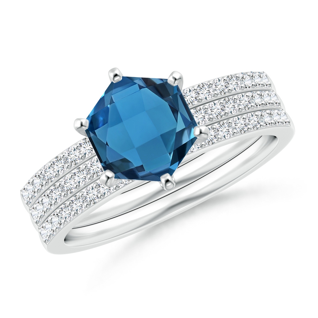 7mm AAA Natori x Angara Hexagonal London Blue Topaz Triple Shank Ring in White Gold