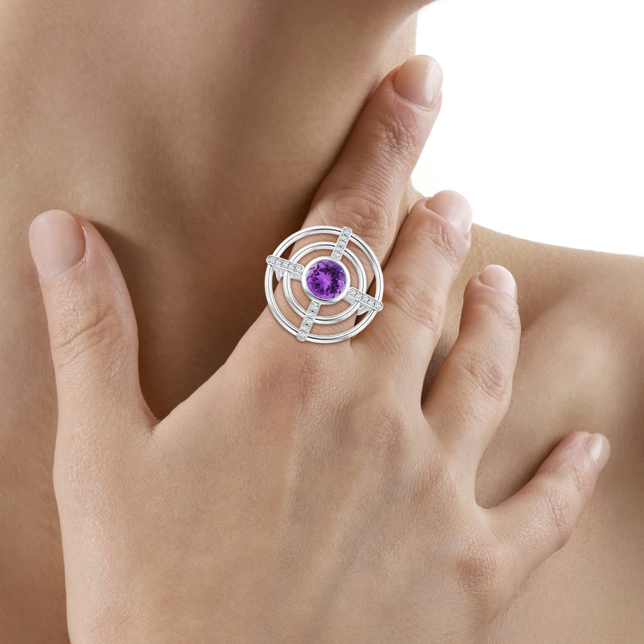 8mm AAA Natori x Angara Infinity Concentric Circle Amethyst Ring with Diamond Bars in White Gold hand