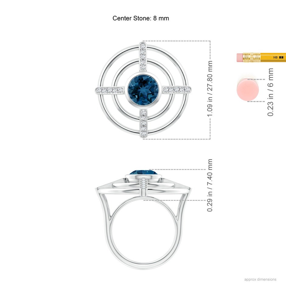 8mm AAA Natori x Angara Infinity Concentric Circle London Blue Topaz Ring with Diamond Bars in White Gold ruler