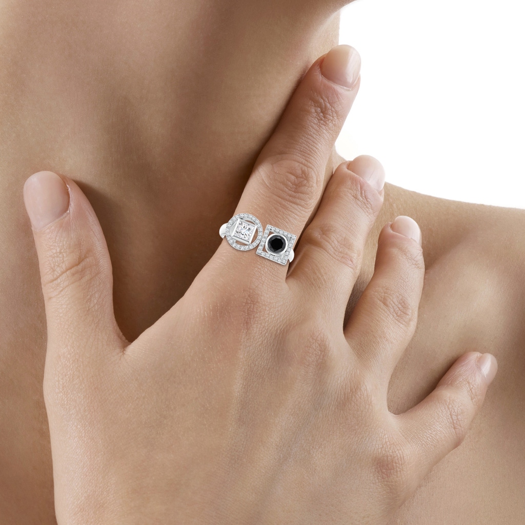 4.5mm AA Natori x Angara Infinity Black & White Diamond Geometric Two Stone Statement Ring in White Gold hand