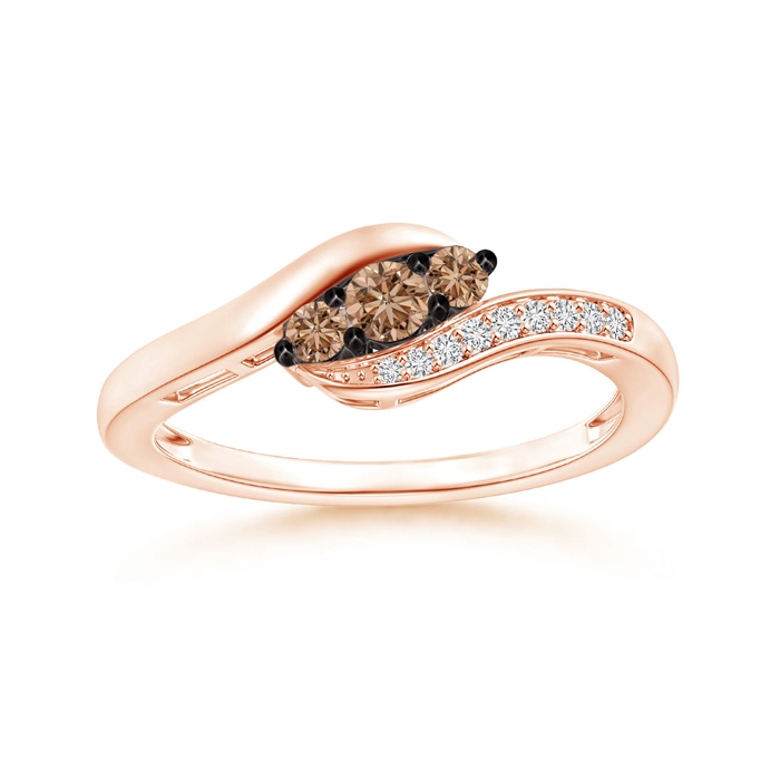 2.9mm AAA Coffee and White Diamond Three Stone Bypass Ring in Rose Gold