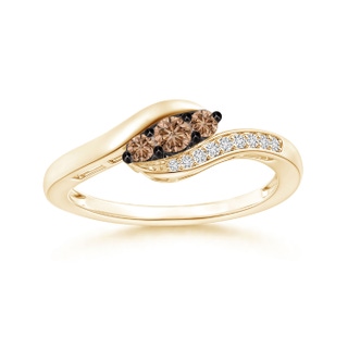 2.9mm AAA Coffee and White Diamond Three Stone Bypass Ring in Yellow Gold