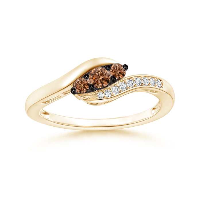 2.9mm AAAA Coffee and White Diamond Three Stone Bypass Ring in Yellow Gold