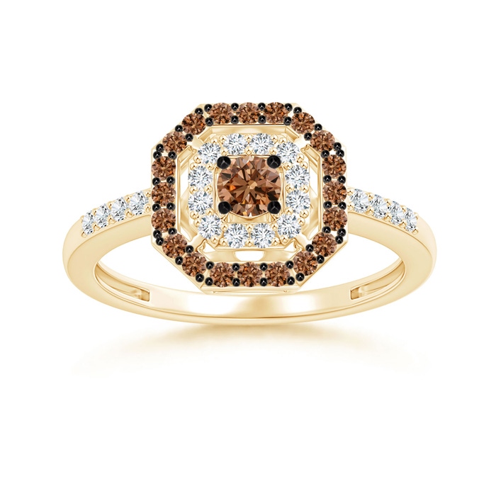 3.3mm AAAA Coffee and White Diamond Octagon Halo Ring in Yellow Gold