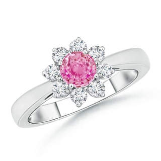 5mm AA Tapered Shank Pink Sapphire and Diamond Flower Ring in White Gold
