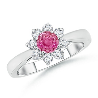 5mm AAA Tapered Shank Pink Sapphire and Diamond Flower Ring in White Gold