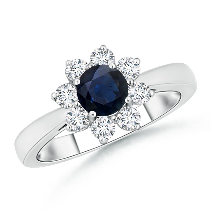 5.5mm A Tapered Shank Sapphire and Diamond Flower Ring in White Gold 