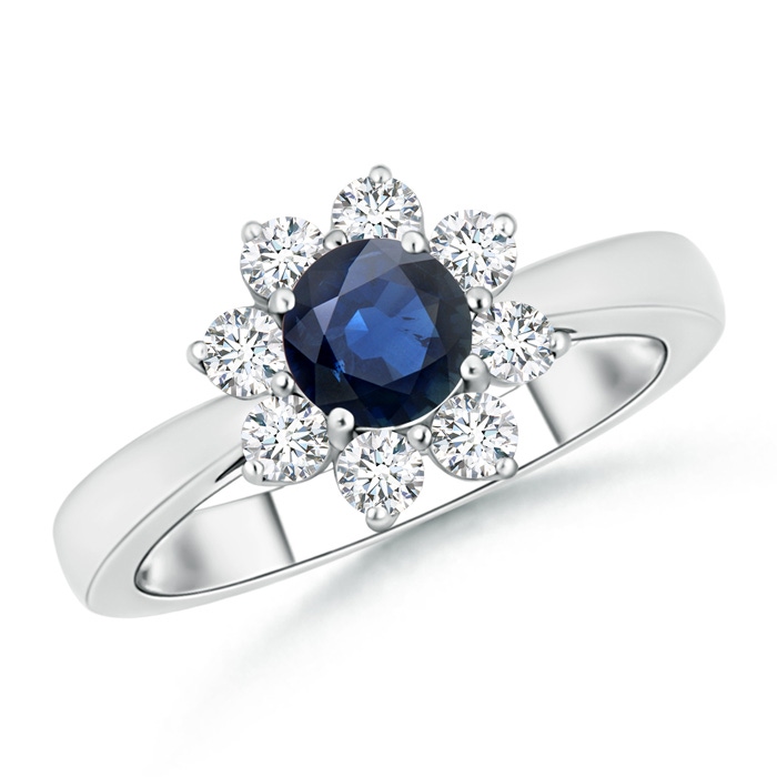 5.5mm AA Tapered Shank Sapphire and Diamond Flower Ring in White Gold 