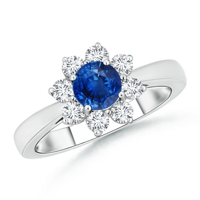 5.5mm AAA Tapered Shank Sapphire and Diamond Flower Ring in White Gold 