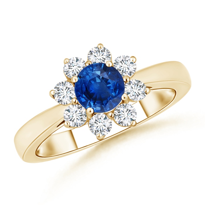 5.5mm AAA Tapered Shank Sapphire and Diamond Flower Ring in Yellow Gold 
