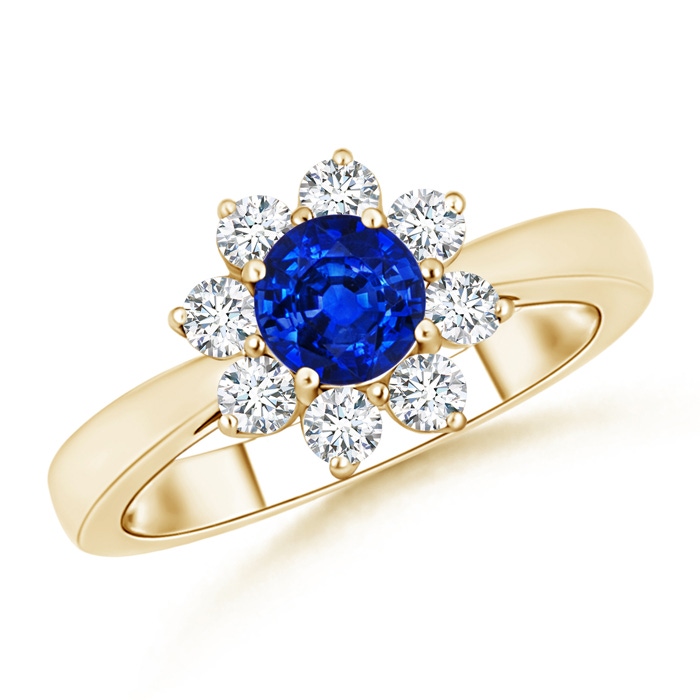 5.5mm AAAA Tapered Shank Sapphire and Diamond Flower Ring in Yellow Gold 