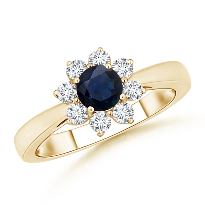 5mm A Tapered Shank Sapphire and Diamond Flower Ring in Yellow Gold 