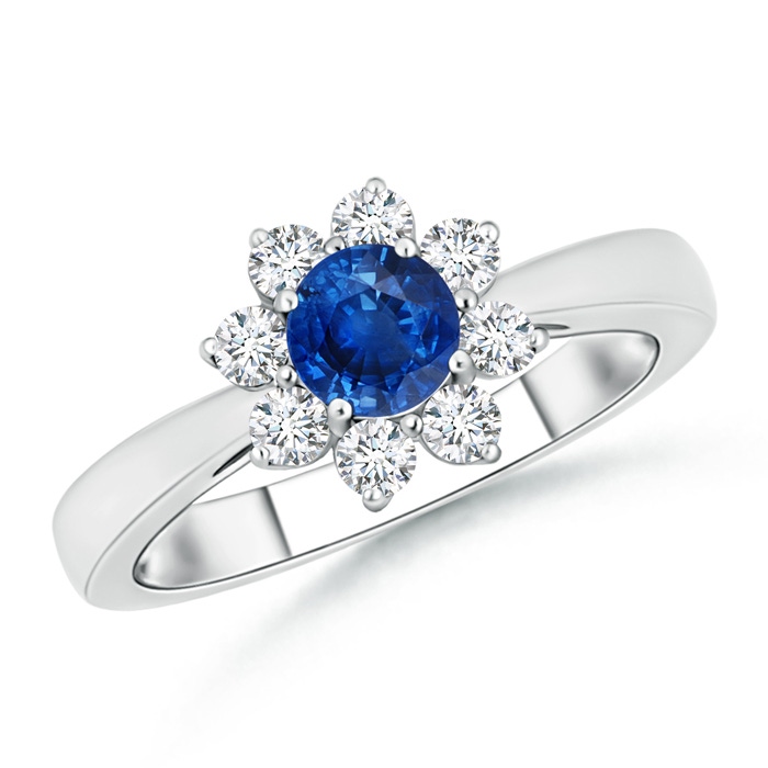 5mm AAA Tapered Shank Sapphire and Diamond Flower Ring in White Gold 