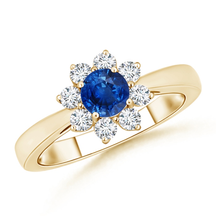 5mm AAA Tapered Shank Sapphire and Diamond Flower Ring in Yellow Gold 