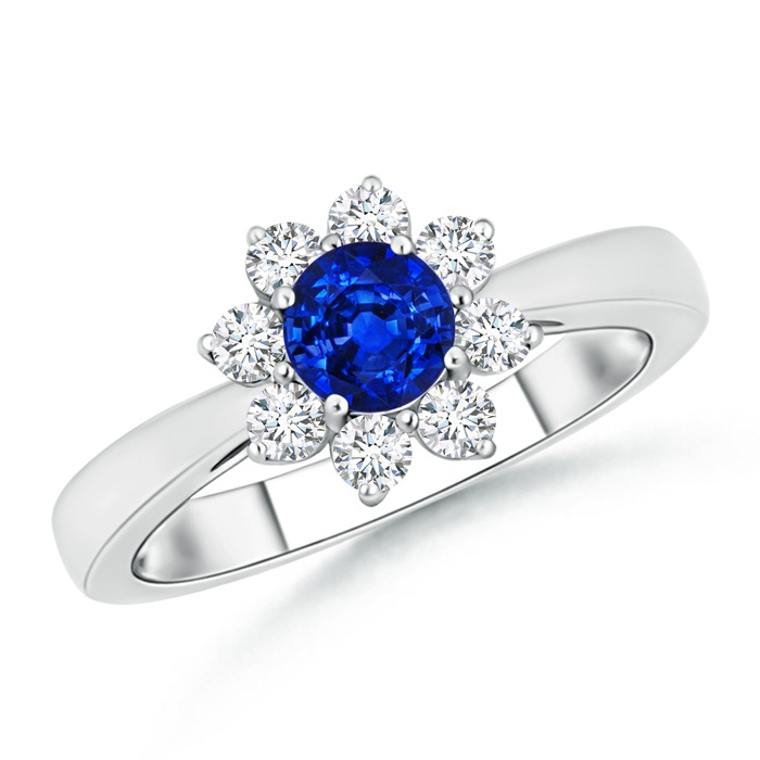 5mm AAAA Tapered Shank Sapphire and Diamond Flower Ring in P950 Platinum