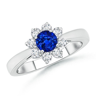 5mm AAAA Tapered Shank Sapphire and Diamond Flower Ring in White Gold