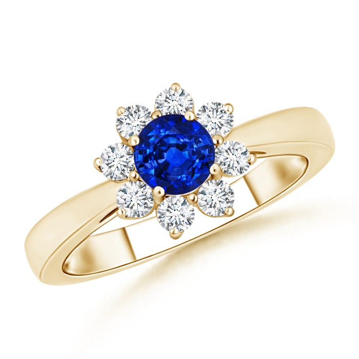 5mm AAAA Tapered Shank Sapphire and Diamond Flower Ring in Yellow Gold 