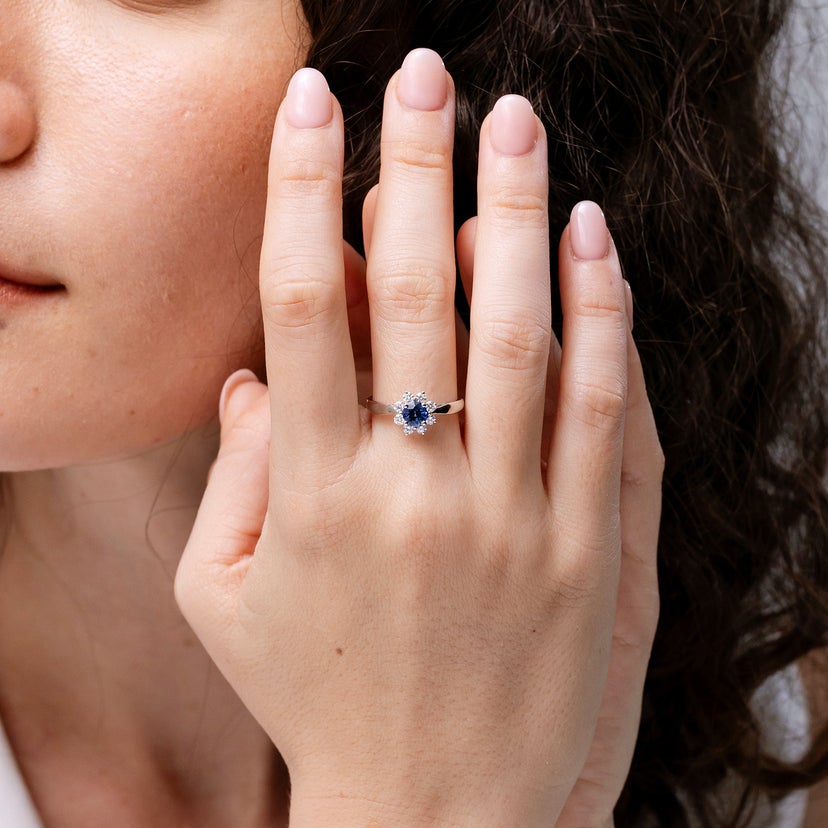 Tapered Shank Sapphire and Diamond Flower Ring